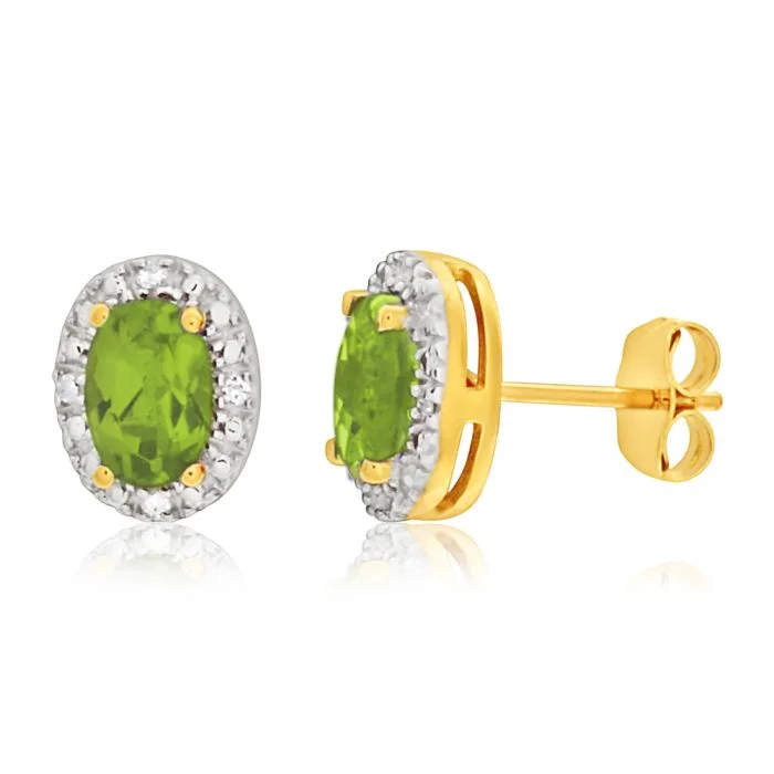 silver earrings for women -9ct Yellow Gold & White Gold Diamond + Peridot Stud Earrings