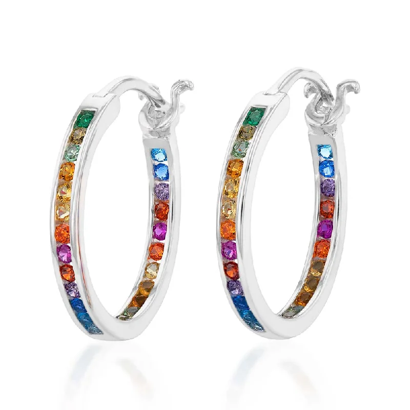 silver stud earrings for women -Sterling Silver Multicolour Rainbow Cubic Zirconia 20mm Hoop Earrings