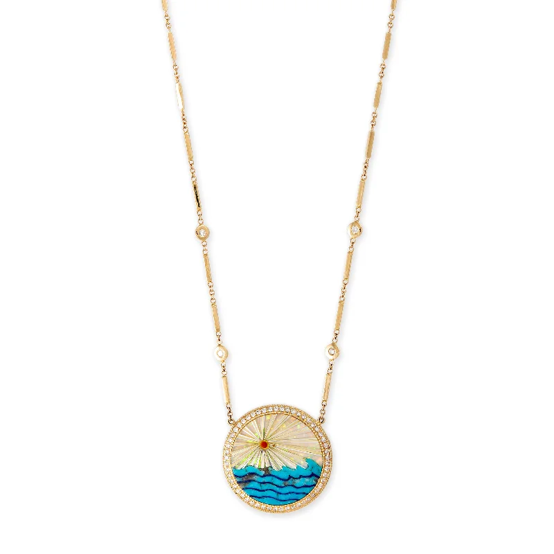 crystal necklaces for women -SMALL PAVE ROUND OPAL RAYS + TURQUOISE WAVES INLAY SMOOTH BAR NECKLACE