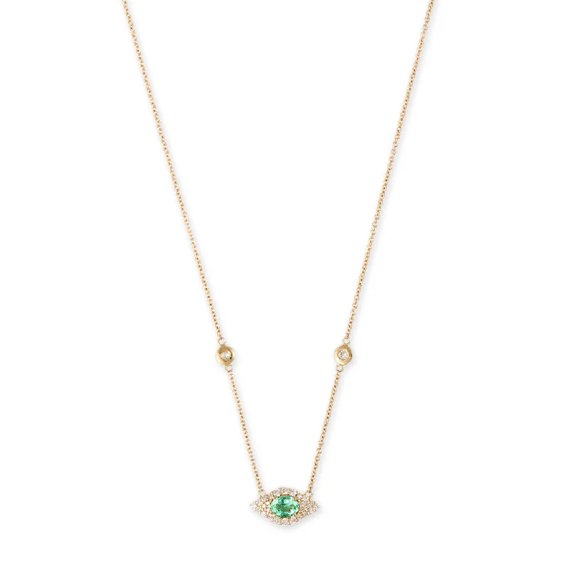 druzy necklaces for women -SMALL PAVE EMERALD OVAL CENTER EYE DIAMOND NECKLACE