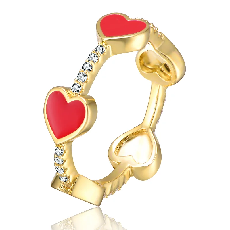 baguette rings for women -Sterling Silver 14k Yellow Gold Plated with Cubic Zirconia Red Enamel Heart Stacking Ring