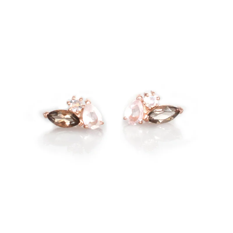 silver stud earrings for women -Rose Gold Smoky Quartz & Moonstone Sweet Pea Studs