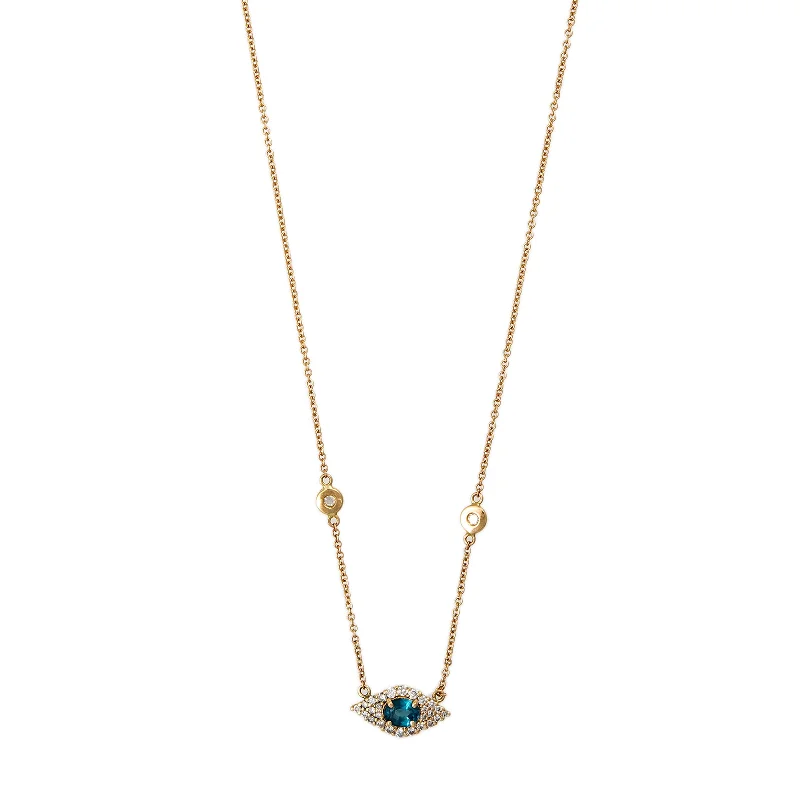 chevron necklaces for women -SMALL PAVE TEAL KYANITE OVAL CENTER EYE DIAMOND NECKLACE