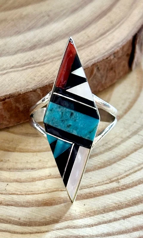 wedding band rings for women -CLEO KALLESTEWA Multi Stone Inlay Native American Zuni Ring • Size 8