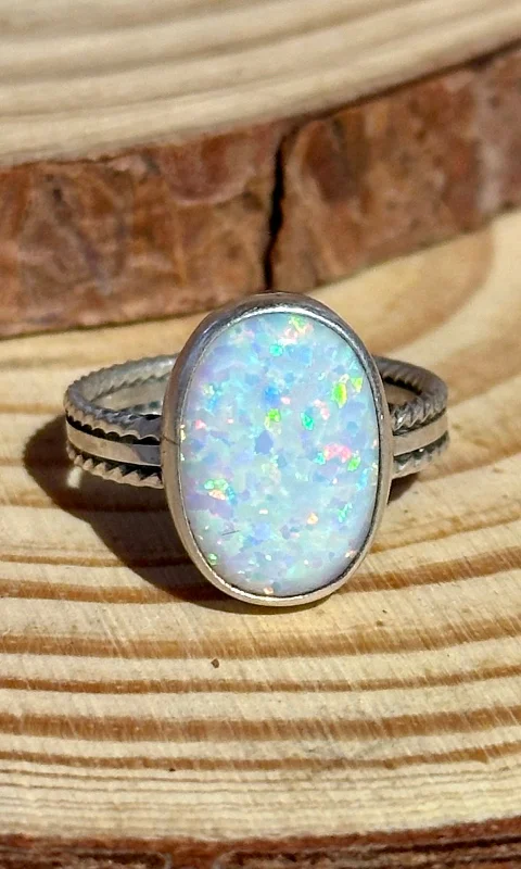 celestial rings for women -NEW LIGHT Sterling Silver and Lab Opal Navajo Ring • Multiple sizes available