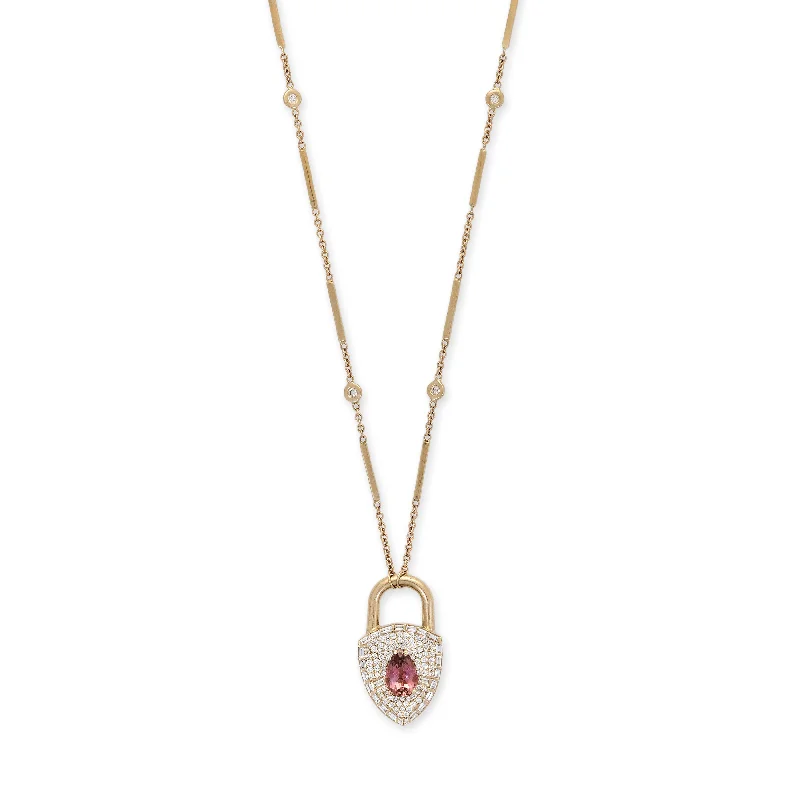 rose quartz necklaces for women -PAVE + BAGUETTE DIAMOND GEMSTONE LOCK SMOOTH BAR NECKLACE