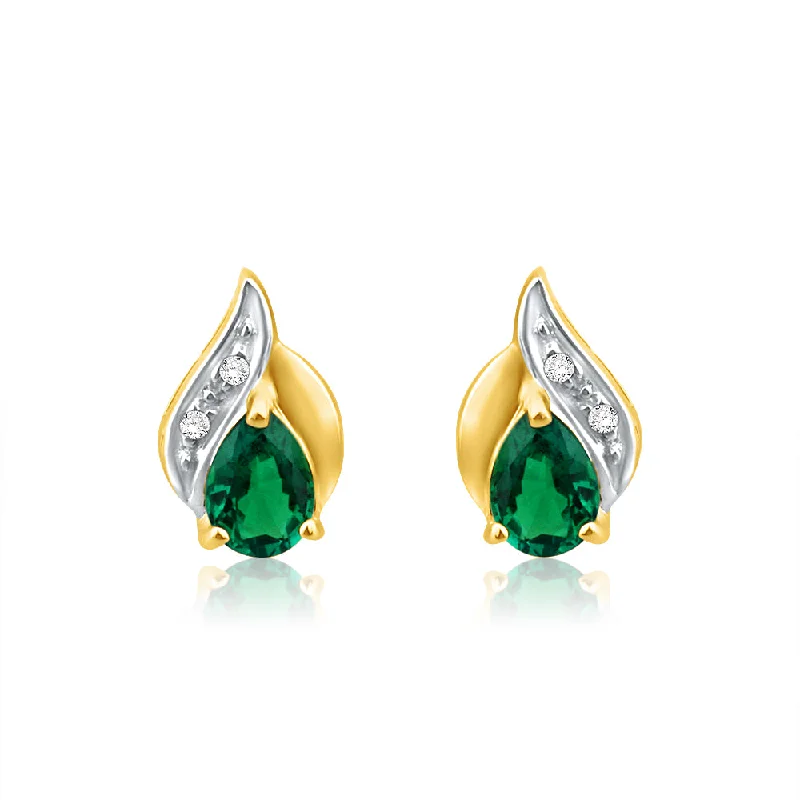 hypoallergenic earrings for women -9ct Alluring Yellow Gold Created Emerald + Diamond Stud Earrings