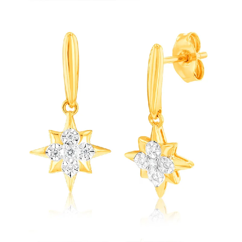 vintage-inspired earrings for women -Luminesce Lab Grown 9ct Yellow Gold Star Shaped Drop Earrings in 10 Diamonds