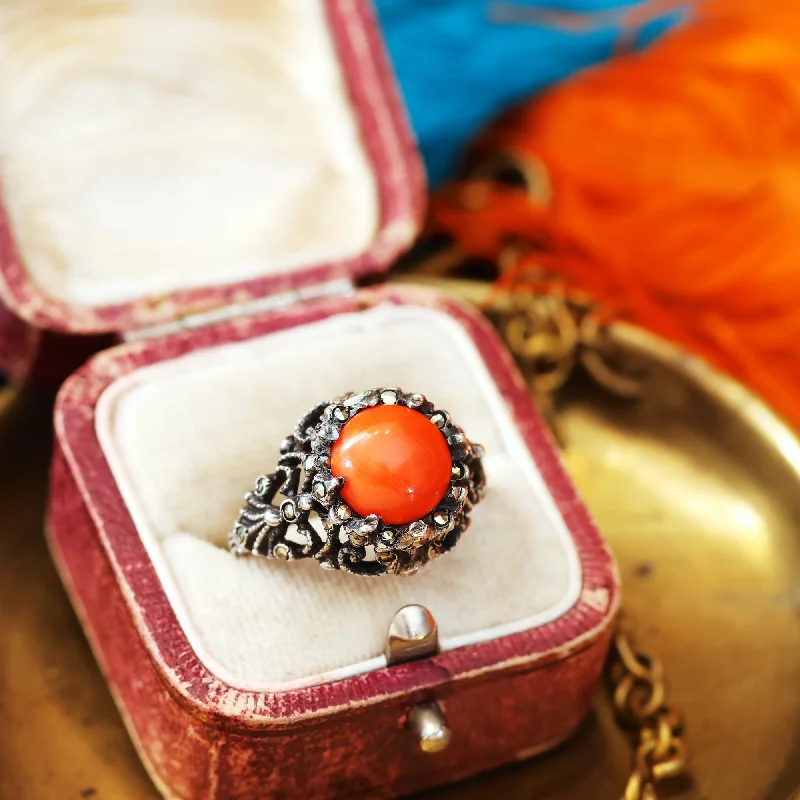 vintage rings for women -Vintage Coral & Marcasite Cocktail Dress Ring