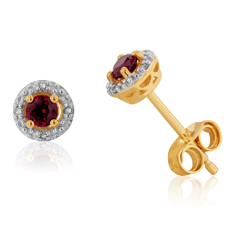 chain earrings for women -9ct Yellow Gold Created Ruby and Diamond Halo Stud Earrings