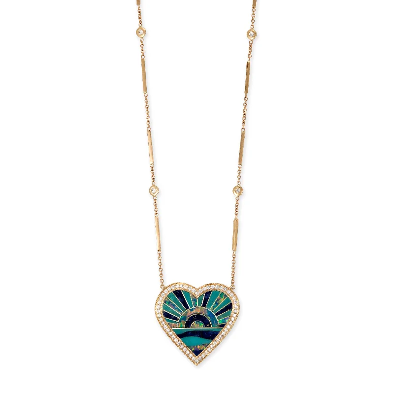 chain necklaces for women -PAVE TURQUOISE SUNSHINE INLAY HEART SMOOTH BAR NECKLACE