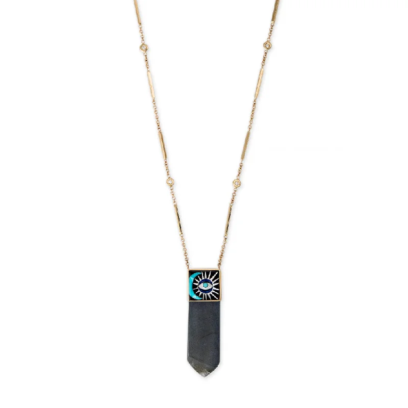 gold charm necklaces for women -LABRADORITE CRYSTAL MOON/EYE INLAY NECKLACE