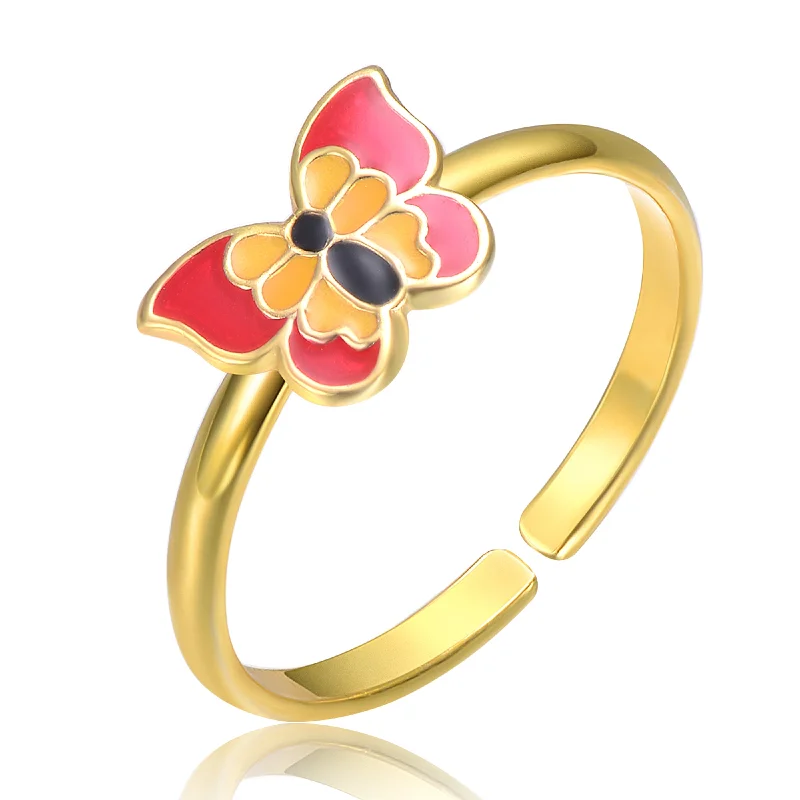 adjustable rings for women -Children's 14k Gold Plated Red, Yellow & Black Enamel Butterfly Adjustable Ring