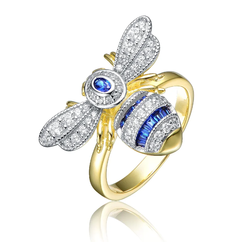 hammered rings for women -Sterling Silver 14k Yellow Gold Plated with Sapphire Cubic Zirconia Pave Wasp Ring