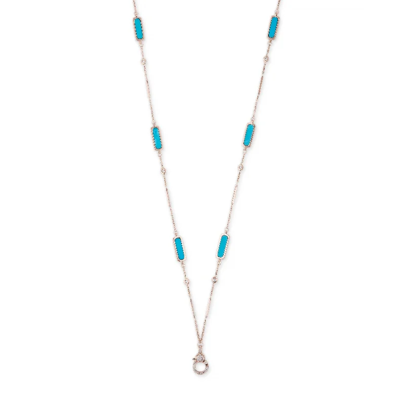 multi-layer necklaces for women -PAVE CHARM CLIP 6 TURQUOISE INLAY DIAMOND SMOOTH BAR NECKLACE