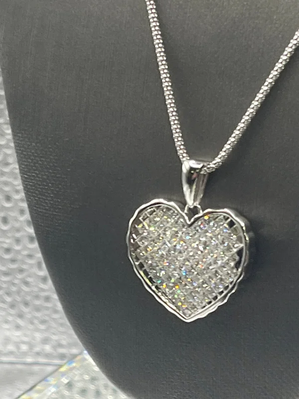 bow necklaces for women -Ladies 14 karat White Gold Princess Cut Diamond Heart Pendant