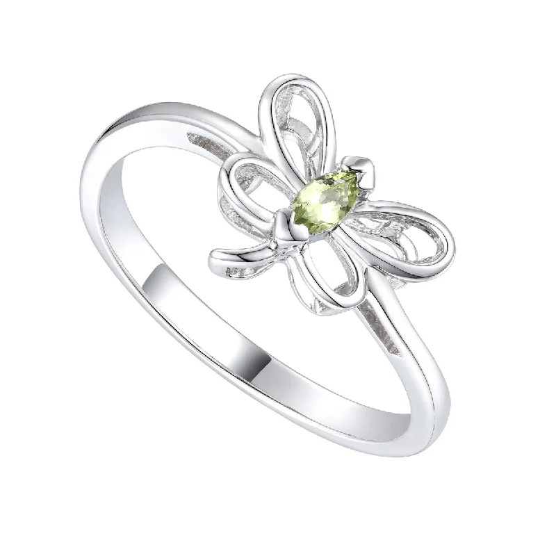 gothic rings for women -Sterling Silver White Gold Plated with Peridot Tourmaline Gemstone Butterfly Ring for Kids/Teens