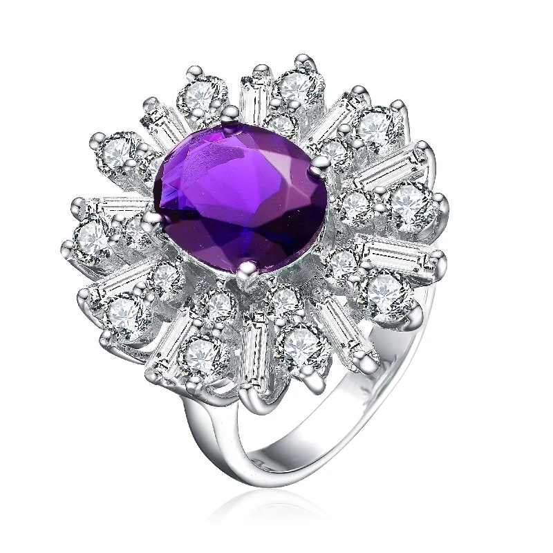 platinum rings for women -Rhodium-Plated Amethyst and Cubic Zirconia Ring