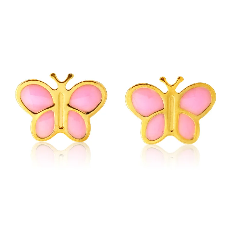 white gold earrings for women -9ct Yellow Gold Stud Earrings with Pink Enamel Butterfly