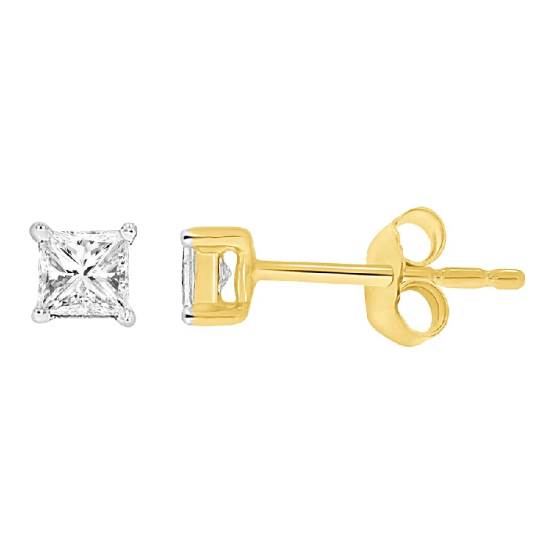 fashion earrings for women -9ct Yellow Gold 1/5 Carat Princess Diamond Stud Earrings