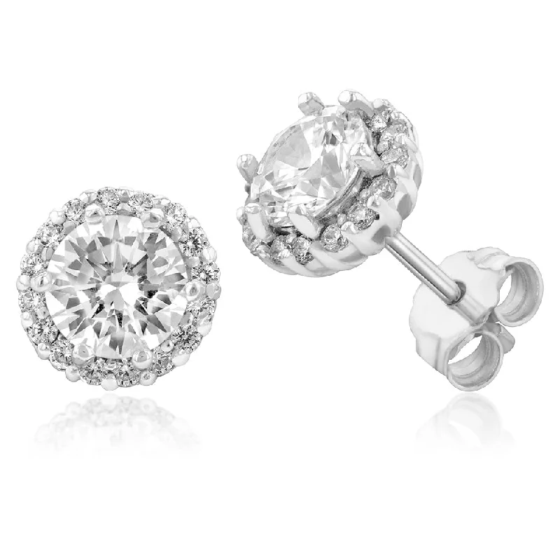 minimalist earrings for women -Sterling Silver Cubic Zirconia Halo Stud Earrings