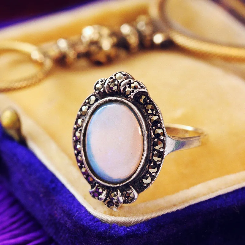 fine jewelry rings for women -Vintage 1950's Art Deco Opal & Marcasite Dress Ring