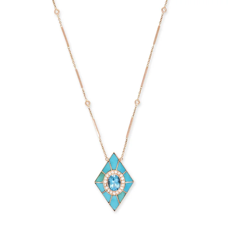 geometric necklaces for women -PAVE BLUE TOPAZ + TURQUOISE INLAY KITE NECKLACE