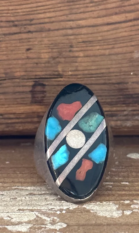 art deco rings for women -GRAPHIC SHAPES 70s Native American  Silver Multi-Stone Inlay Ring • Size 10