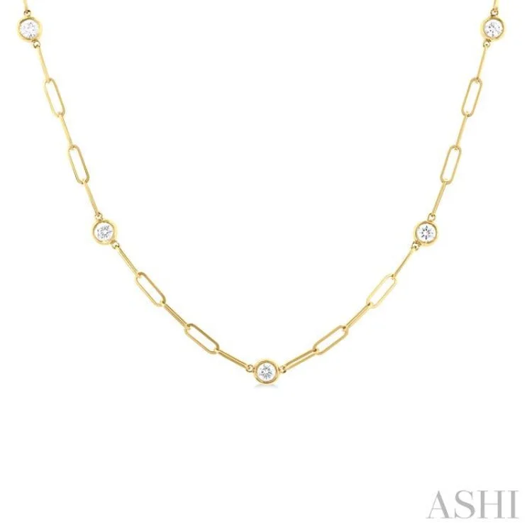 initial necklaces for women -3/4 ctw Bezel Set Round Cut Diamond Paper Clip Station Necklace in 14K Yellow Gold