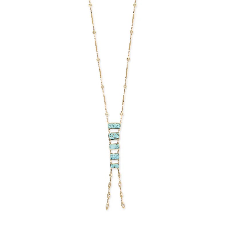 waterfall necklaces for women -GRADUATED TURQUOISE LADDER + 8 MARQUISE DIAMOND SHOWER SMOOTH BAR NECKLACE