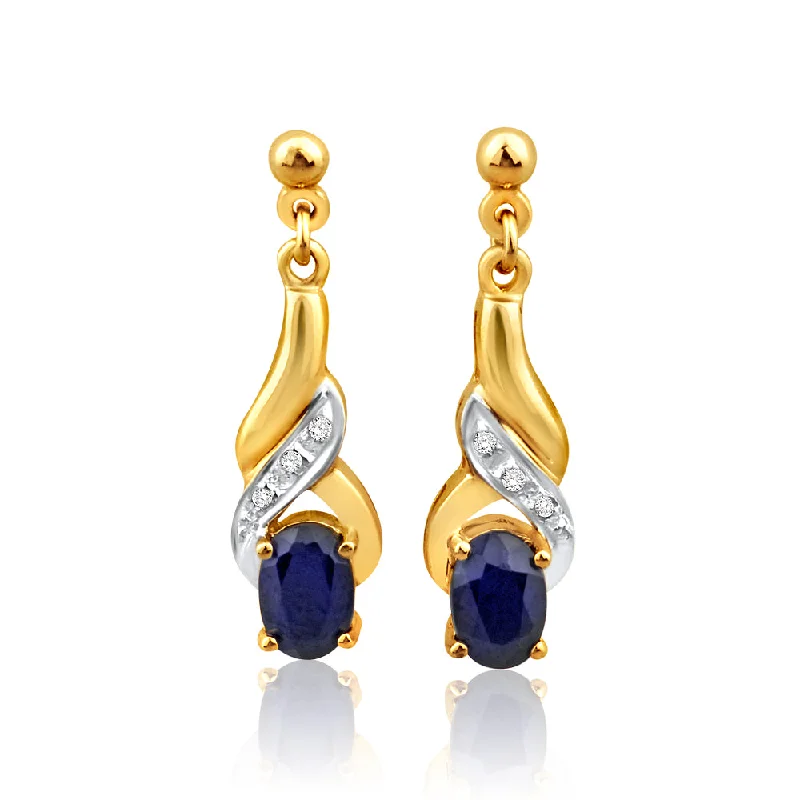 black pearl earrings for women -9ct Alluring Yellow Gold Natural Sapphire and Diamond Drop Earrings