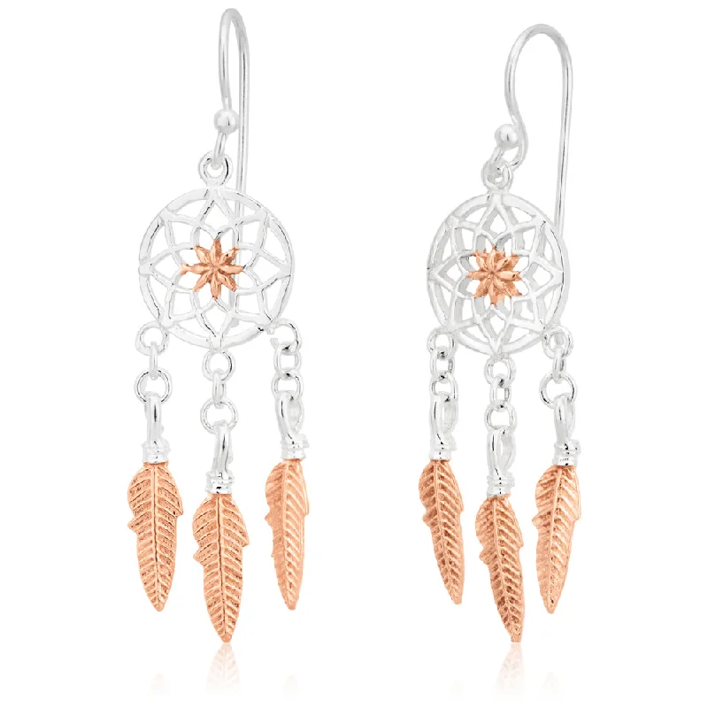 threader earrings for women -Sterling Silver and Rose Gold Plated Dreamcatcher Drop Earrings