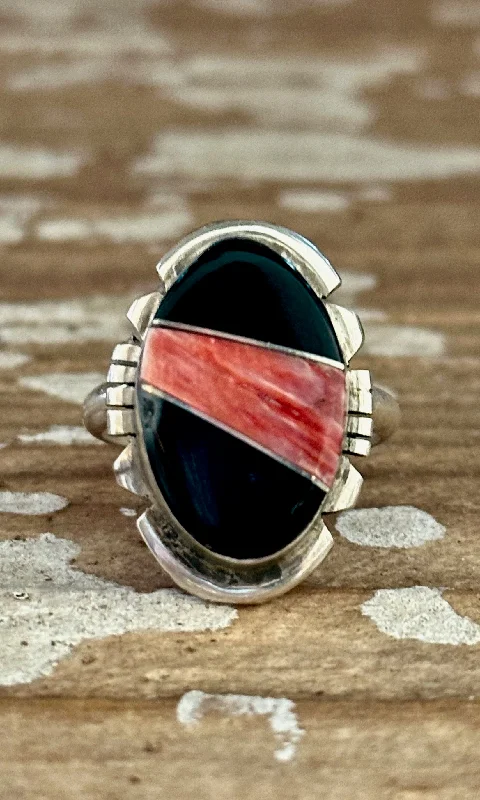 multi-band rings for women -BRANDON ETCITTY Multi Stone Inlay Navajo Ring, Sterling Silver, Jet & Spiny Oyster • Size 7.5