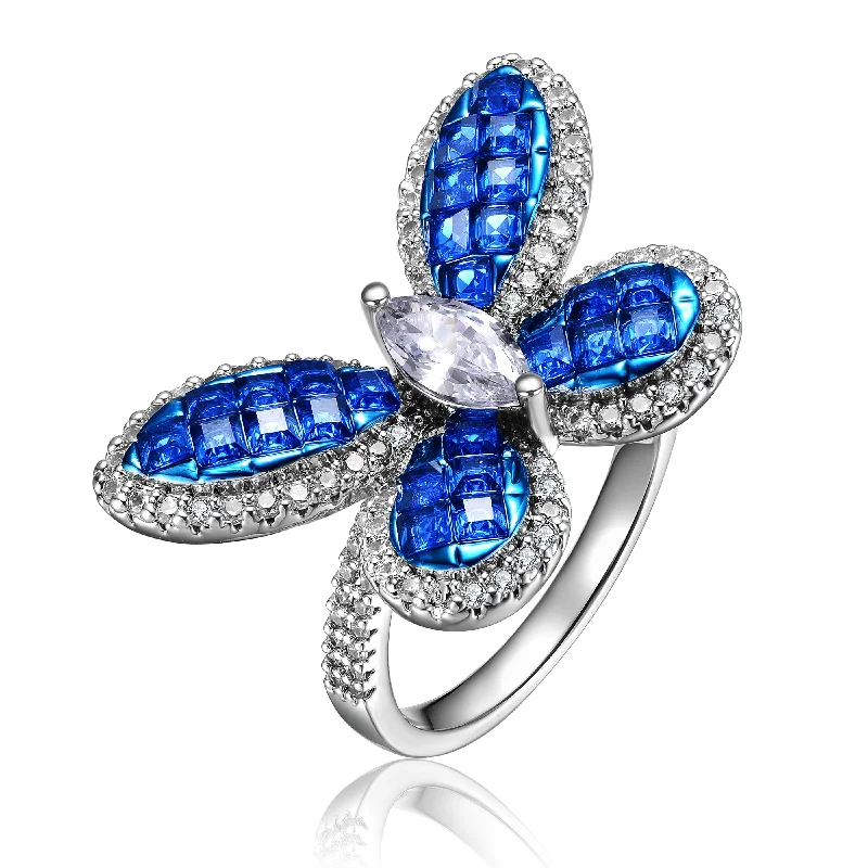 boho rings for women -Sterling Silver with Rhodium Plated and Sapphire Cubic Zirconia Butterfly Ring