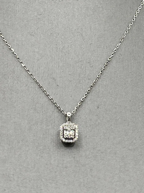 diamond solitaire necklaces for women -Ladies 18 Karat White Gold Emerald & Round Diamond Halo Pendant & Chain