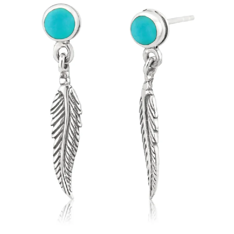 crystal earrings for women -Sterling Silver Created Turquoise Dome & Feather Stud Earrings