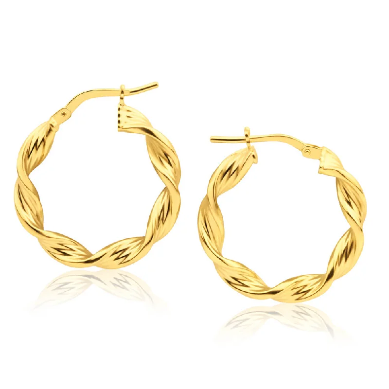 oval earrings for women -9ct Yellow Gold Silver Filled Swirl Twist 15mm Hoop Earrings