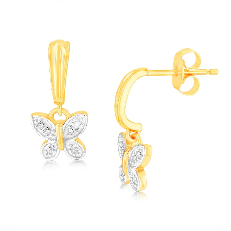 chain earrings for women -9ct Yellow Gold Butterfly Drop Earrings in 12 Diamonds