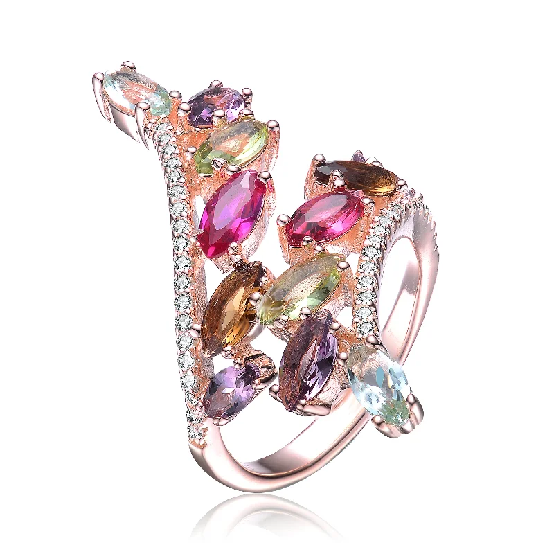 designer rings for women -Sterling Silver 18K Rose Gold Plated Multi Colored Cubic Zirconia Cocktails Ring