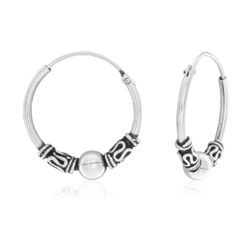 titanium earrings for women -Sterling Silver Fancy Oxidised Bead Hoop Earrings