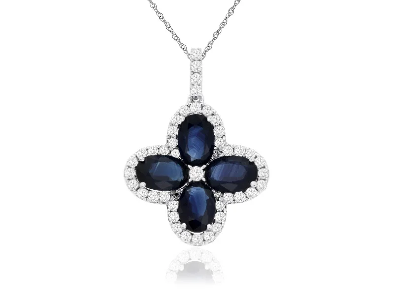 shell necklaces for women -Blue Sapphire & Diamond Flower Pendant in 14kt Gold