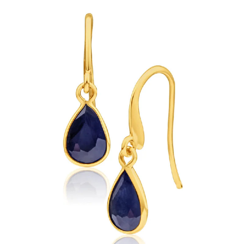 wedding earrings for women -9ct Yellow Gold Natural Black Sapphire Pear Drop Earrings