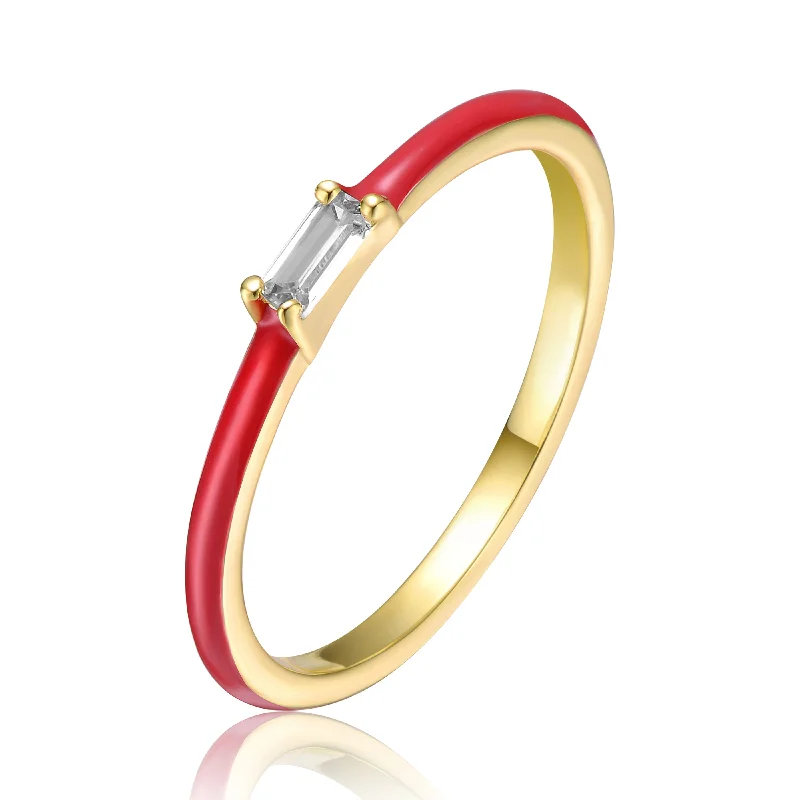 multi-band rings for women -Sterling Silver 14k Yellow Gold Plated with Cubic Zirconia Baguette Solitaire Magenta-Red Enamel Slim Stacking Ring