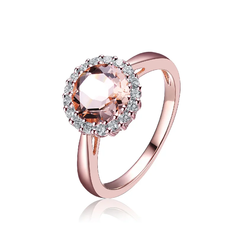 stackable rings for women -Sterling Silver with Rose Gold Plated Halo Round Morganite Pink Cubic Zirconia Solitaire Ring