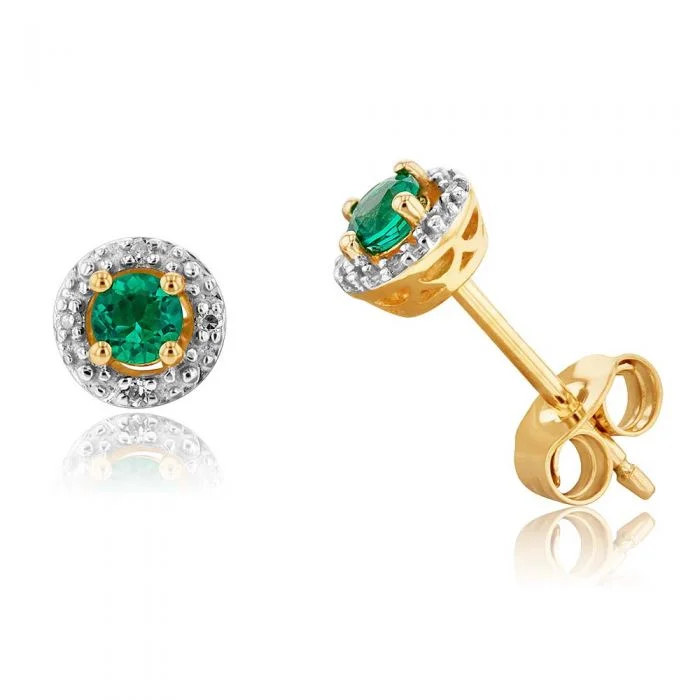 freshwater pearl earrings for women -9ct Yellow Gold Created Emerald and Diamond Halo Studs Earrings