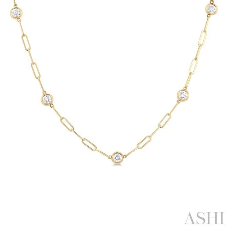 gold charm necklaces for women -1 ctw Bezel Set Round Cut Diamond Paper Clip Station Necklace in 14K Yellow Gold