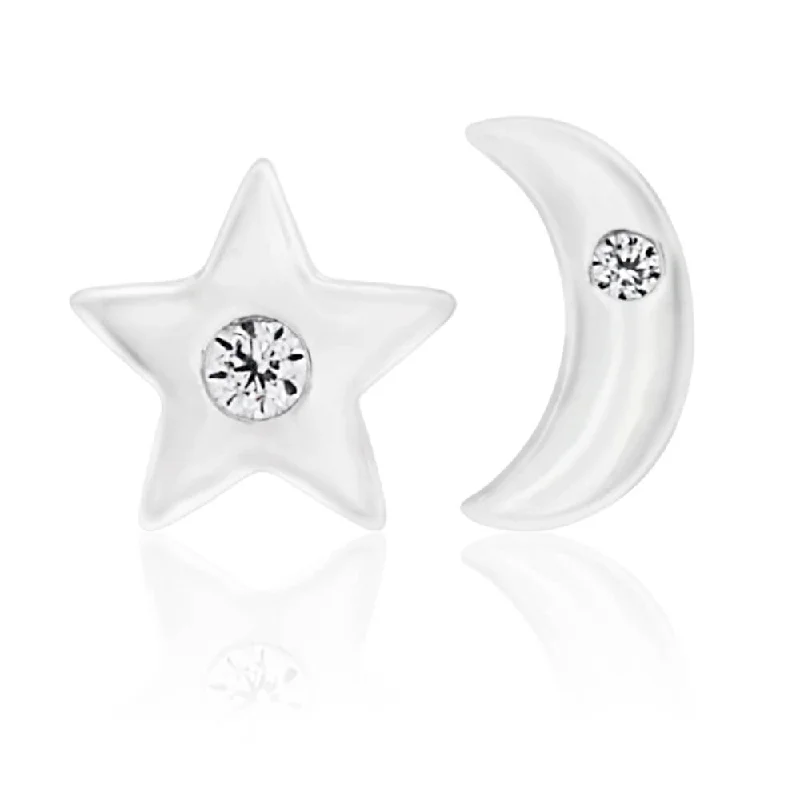 crystal earrings for women -Sterling Silver Cubic Zirconia Moon and Star Stud Earrings