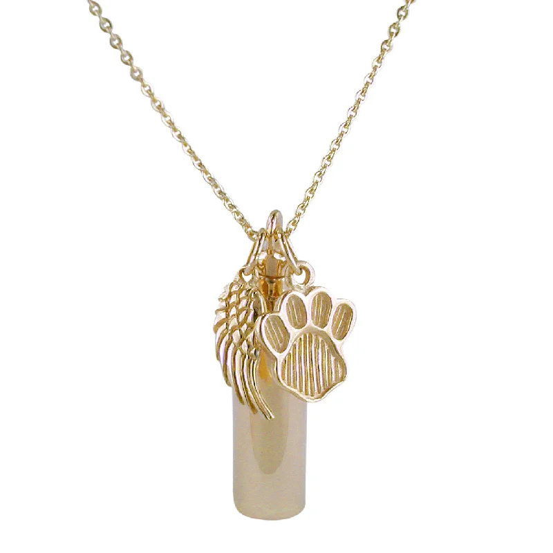 minimalist necklaces for women -14K Yellow Gold Creamation Urn Keepsake Bottle with Dog Paw & Angel Wing