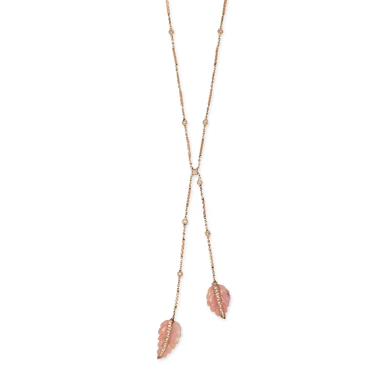 sapphire necklaces for women -PINK PERUVIAN OPAL DOUBLE PAVE LEAF BOLO SMOOTH BAR NECKLACE