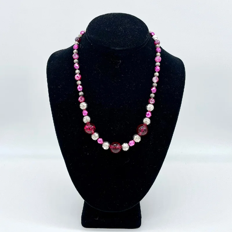 sterling silver necklaces for women -Handcrafted Pink and Silver Bead Neckalce